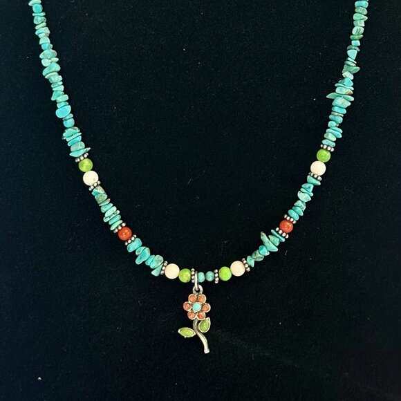 Sterling Silver Turquoise Flower Pendant Necklace SO CUTE - Picture 1 of 4